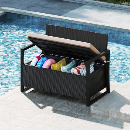 Patio Storage Bench Outdoor Wicker Loveseat with Built-in Storage - Brown - Sheds & Outdoor Storage