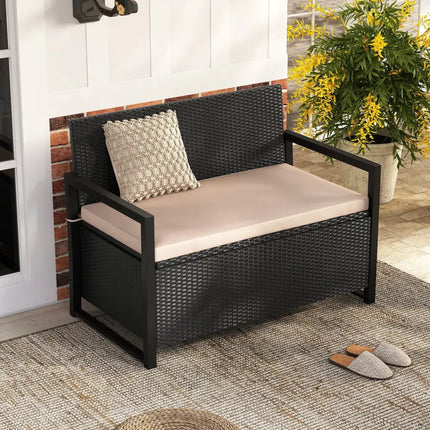 Patio Storage Bench Outdoor Wicker Loveseat with Built-in Storage - Brown - Sheds & Outdoor Storage
