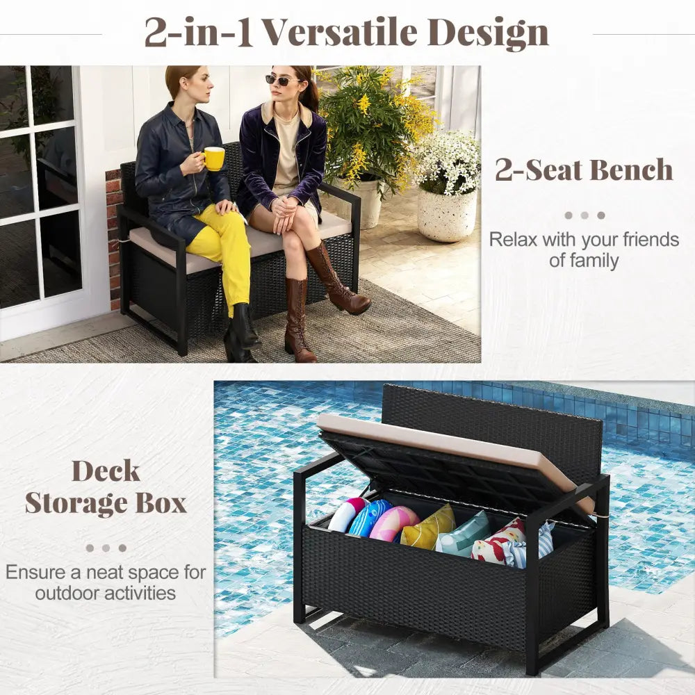 Patio Storage Bench Outdoor Wicker Loveseat with Built-in Storage - Brown - Sheds & Outdoor Storage