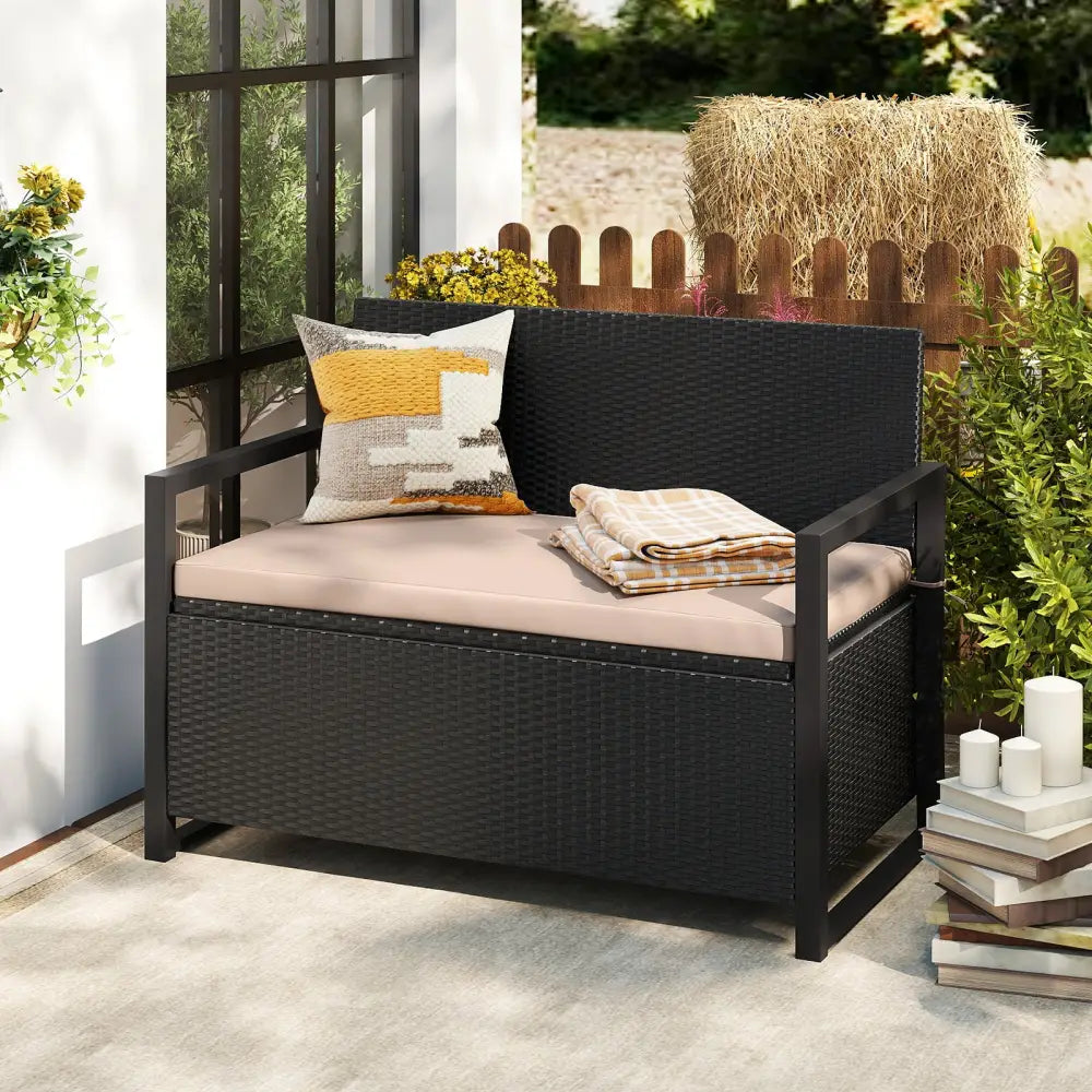 Patio Storage Bench Outdoor Wicker Loveseat with Built-in Storage - Brown - Sheds & Outdoor Storage
