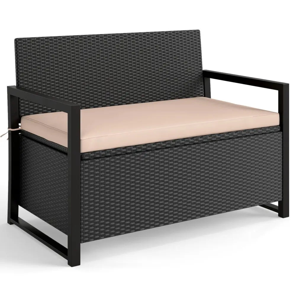 Patio Storage Bench Outdoor Wicker Loveseat with Built-in Storage - Brown - Sheds & Outdoor Storage