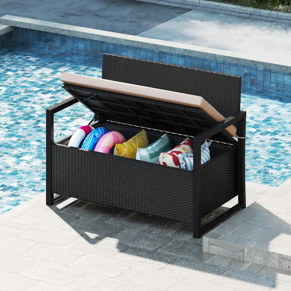 Patio Storage Bench Outdoor Wicker Loveseat with Built-in Storage - Brown - Sheds & Outdoor Storage