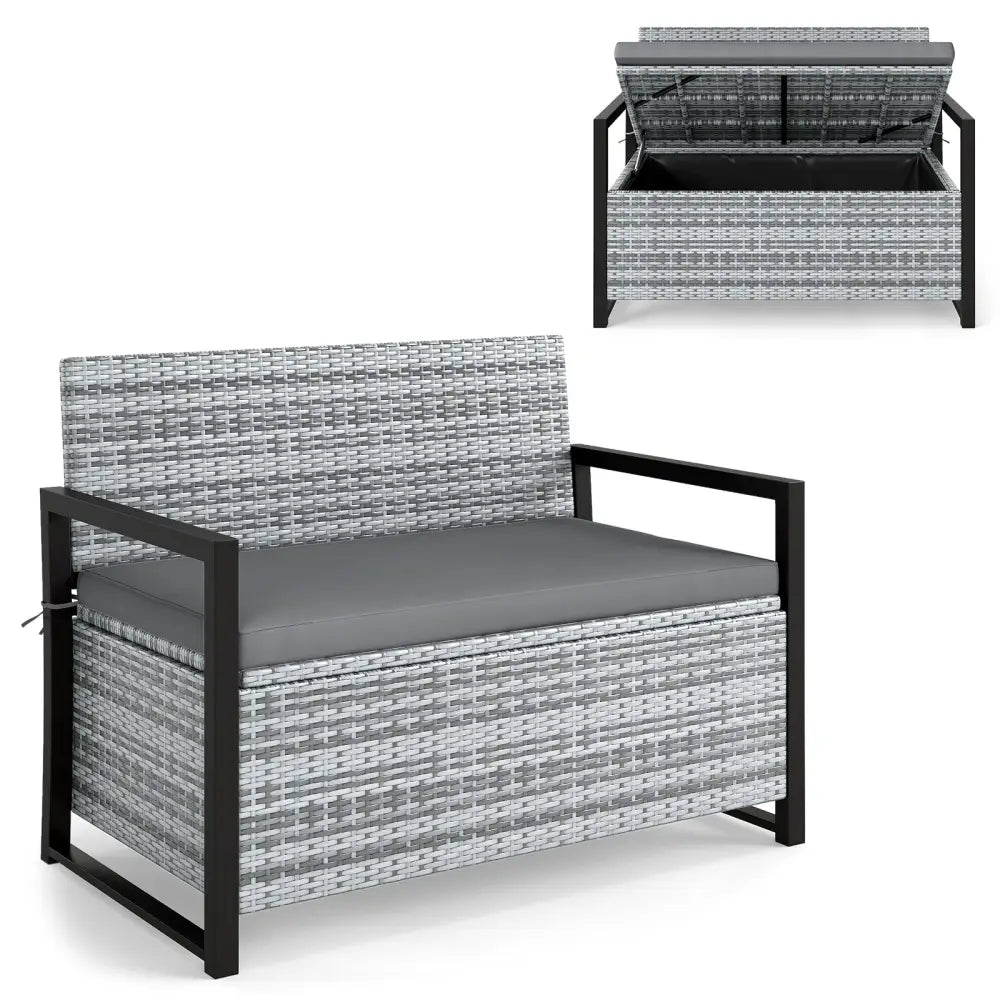Patio Storage Bench Outdoor Wicker Loveseat with Built-in Storage-Gray - Gray - Sheds & Outdoor Storage