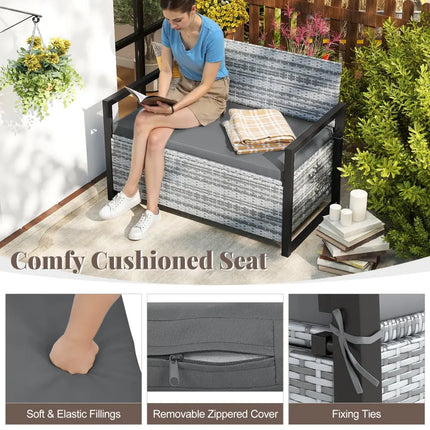 Patio Storage Bench Outdoor Wicker Loveseat with Built-in Storage-Gray - Gray - Sheds & Outdoor Storage