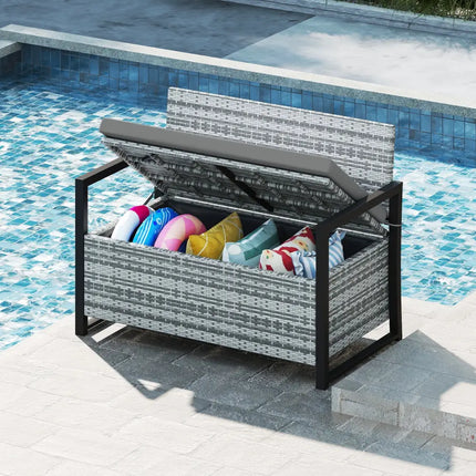 Patio Storage Bench Outdoor Wicker Loveseat with Built-in Storage-Gray - Gray - Sheds & Outdoor Storage