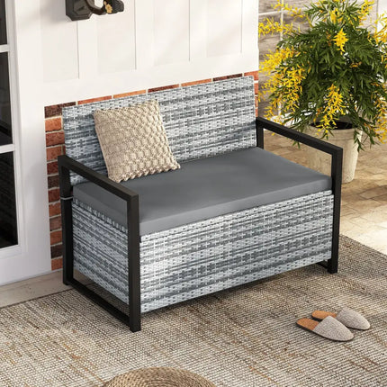 Patio Storage Bench Outdoor Wicker Loveseat with Built-in Storage-Gray - Gray - Sheds & Outdoor Storage