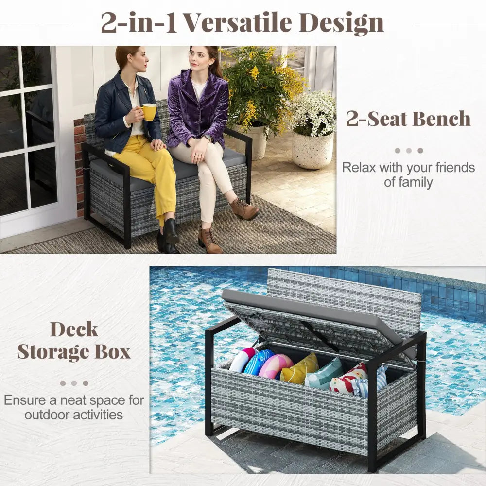 Patio Storage Bench Outdoor Wicker Loveseat with Built-in Storage-Gray - Gray - Sheds & Outdoor Storage