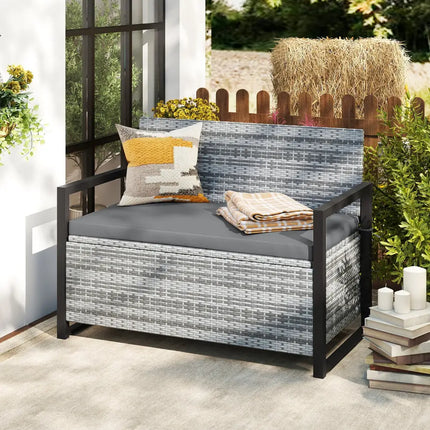 Patio Storage Bench Outdoor Wicker Loveseat with Built-in Storage-Gray - Gray - Sheds & Outdoor Storage