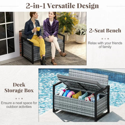 Patio Storage Bench Outdoor Wicker Loveseat with Built-in Storage-Gray - Gray - Sheds & Outdoor Storage