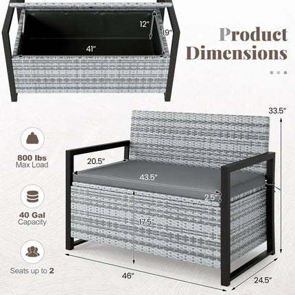 Patio Storage Bench Outdoor Wicker Loveseat with Built-in Storage-Gray - Gray - Sheds & Outdoor Storage