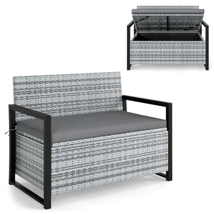 Patio Storage Bench Outdoor Wicker Loveseat with Built-in Storage-Gray - Gray - Sheds & Outdoor Storage