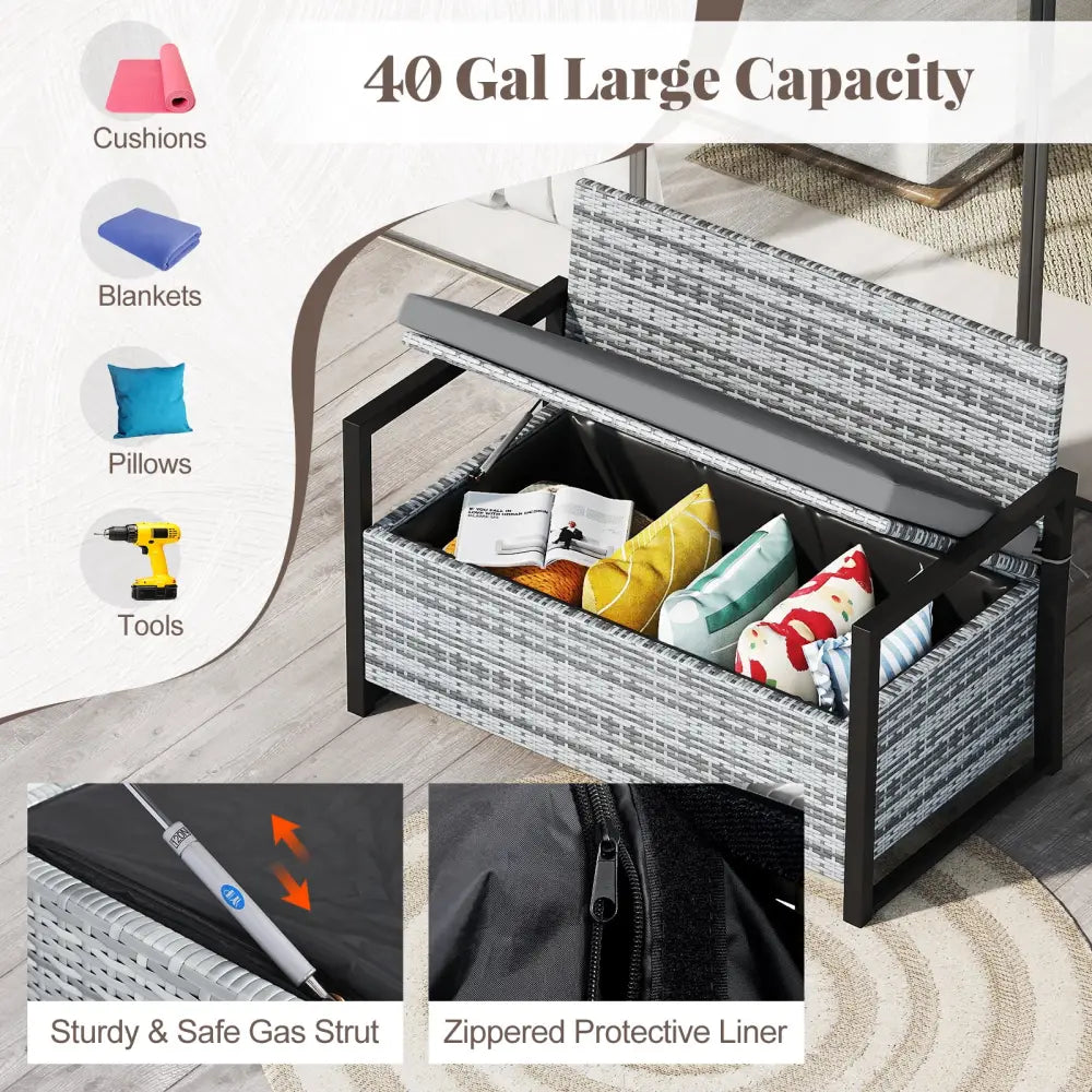 Patio Storage Bench Outdoor Wicker Loveseat with Built-in Storage-Gray - Gray - Sheds & Outdoor Storage
