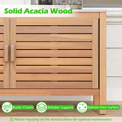 Patio Storage Cabinet 2-Door Acacia Wood Storage Container with Faux Marble Top - Sheds & Outdoor Storage
