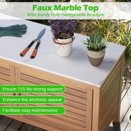 Patio Storage Cabinet 2-Door Acacia Wood Storage Container with Faux Marble Top - Sheds & Outdoor Storage
