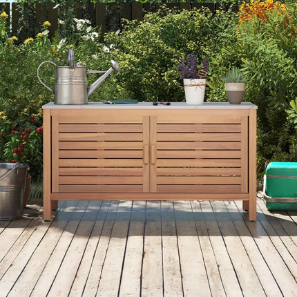 Patio Storage Cabinet 2-Door Acacia Wood Storage Container with Faux Marble Top - Sheds & Outdoor Storage