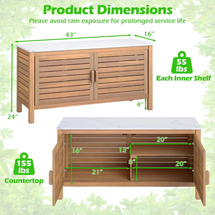Patio Storage Cabinet 2-Door Acacia Wood Storage Container with Faux Marble Top - Sheds & Outdoor Storage