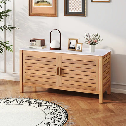 Patio Storage Cabinet 2-Door Acacia Wood Storage Container with Faux Marble Top - Sheds & Outdoor Storage