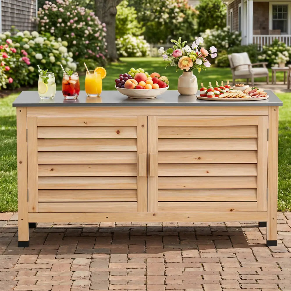 Patio Storage Cabinet with Stainless Steel Countertop and L-Shaped Shelf for Garden-Natural - Natural - Potting Benches