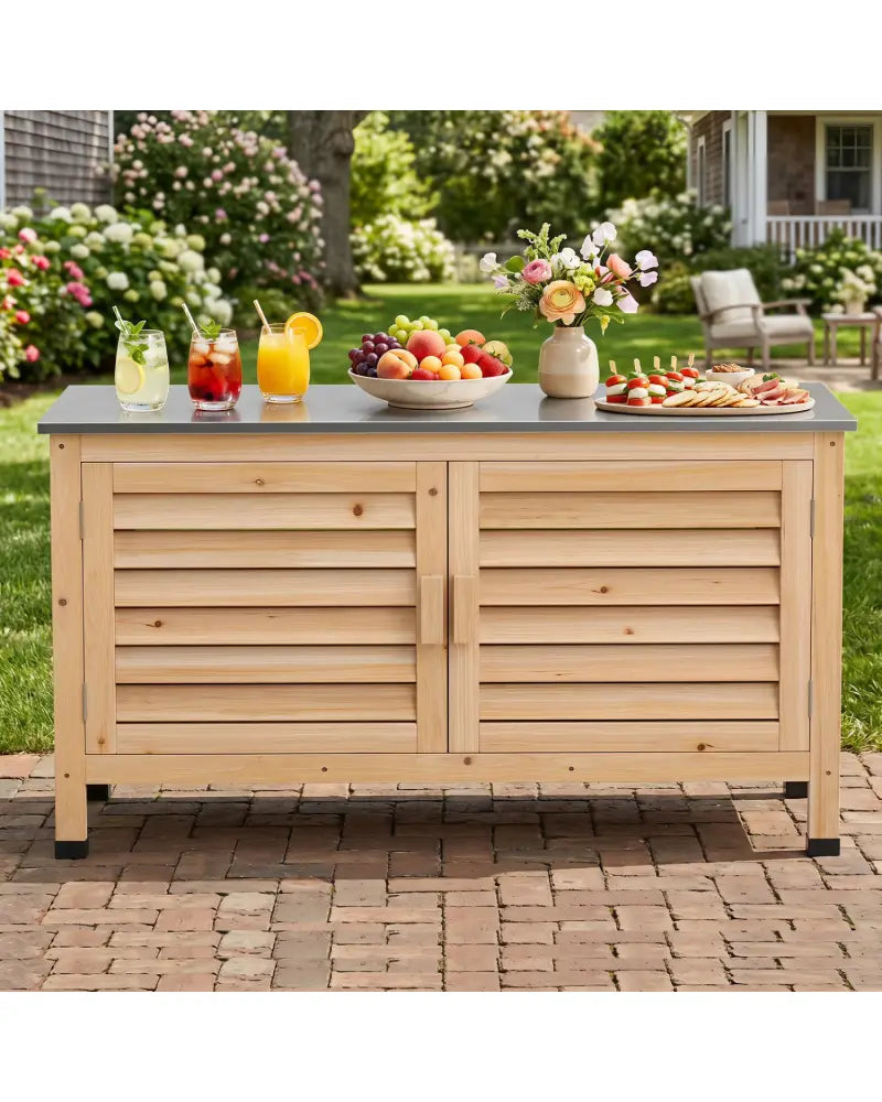 Patio Storage Cabinet with Stainless Steel Countertop and L-Shaped Shelf for Garden-Natural - Natural - Potting Benches