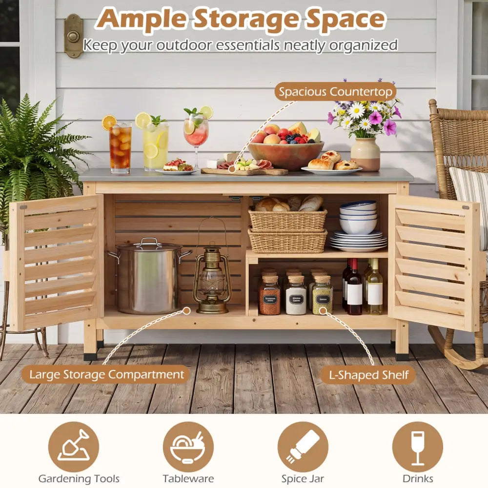 Patio Storage Cabinet with Stainless Steel Countertop and L-Shaped Shelf for Garden-Natural - Natural - Potting Benches
