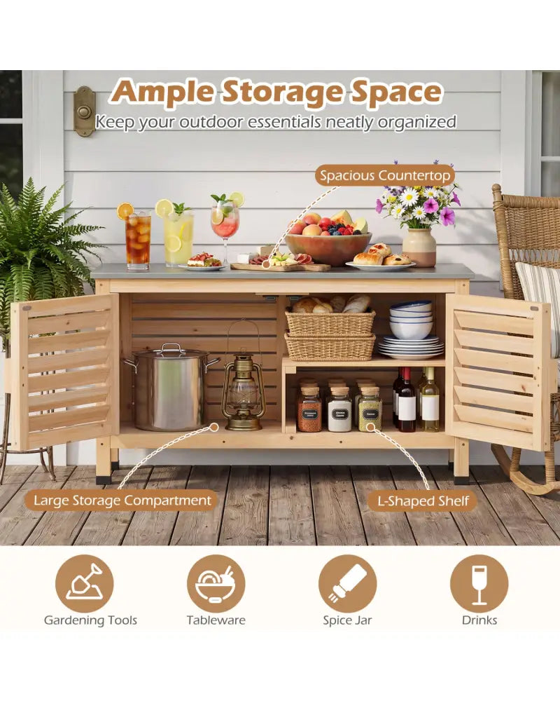 Patio Storage Cabinet with Stainless Steel Countertop and L-Shaped Shelf for Garden-Natural - Natural - Potting Benches
