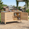 Patio Storage Cabinet with Stainless Steel Countertop and L-Shaped Shelf for Garden-Natural - Natural - Potting Benches