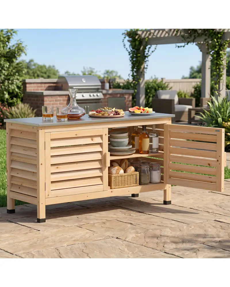 Patio Storage Cabinet with Stainless Steel Countertop and L-Shaped Shelf for Garden-Natural - Natural - Potting Benches