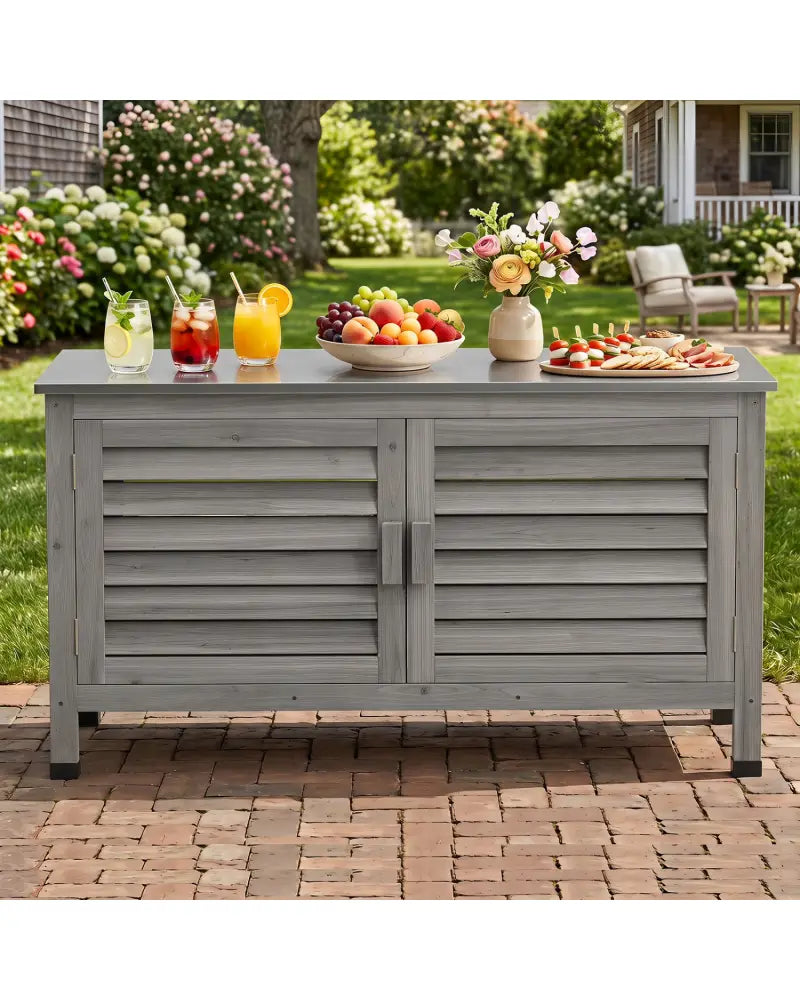Patio Storage Cabinet with Stainless Steel Countertop and L-Shaped Shelf for Garden-Gray - Gray - Sheds & Outdoor