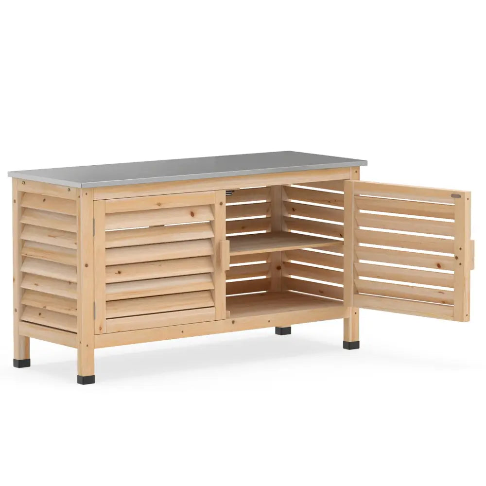 Patio Storage Cabinet with Stainless Steel Countertop and L-Shaped Shelf for Garden-Natural - Natural - Potting Benches