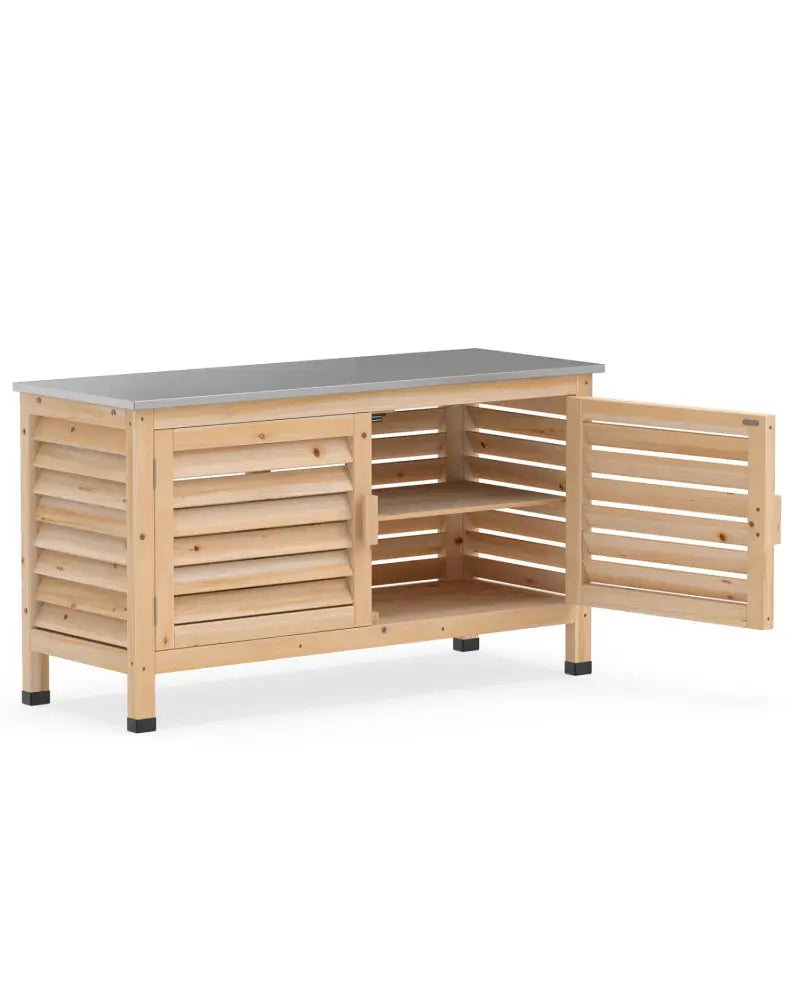 Patio Storage Cabinet with Stainless Steel Countertop and L-Shaped Shelf for Garden-Natural - Natural - Potting Benches