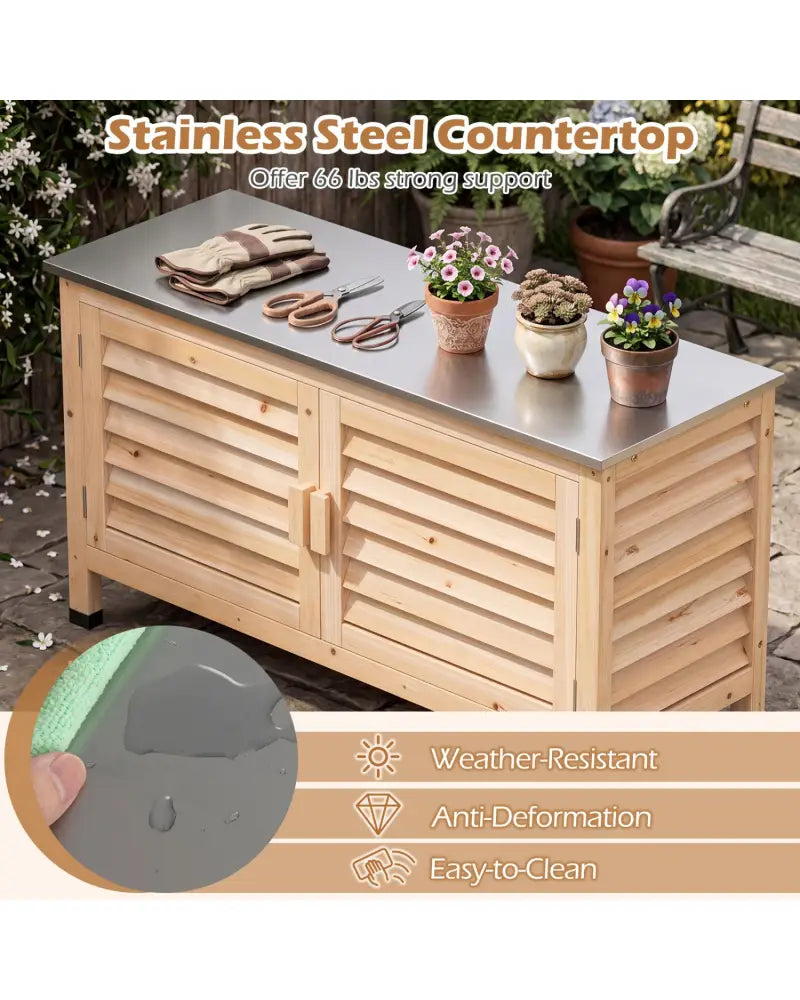 Patio Storage Cabinet with Stainless Steel Countertop and L-Shaped Shelf for Garden-Natural - Natural - Potting Benches