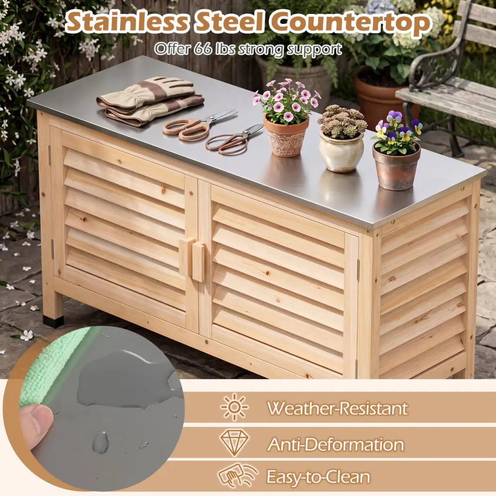 Patio Storage Cabinet with Stainless Steel Countertop and L-Shaped Shelf for Garden-Natural - Natural - Potting Benches
