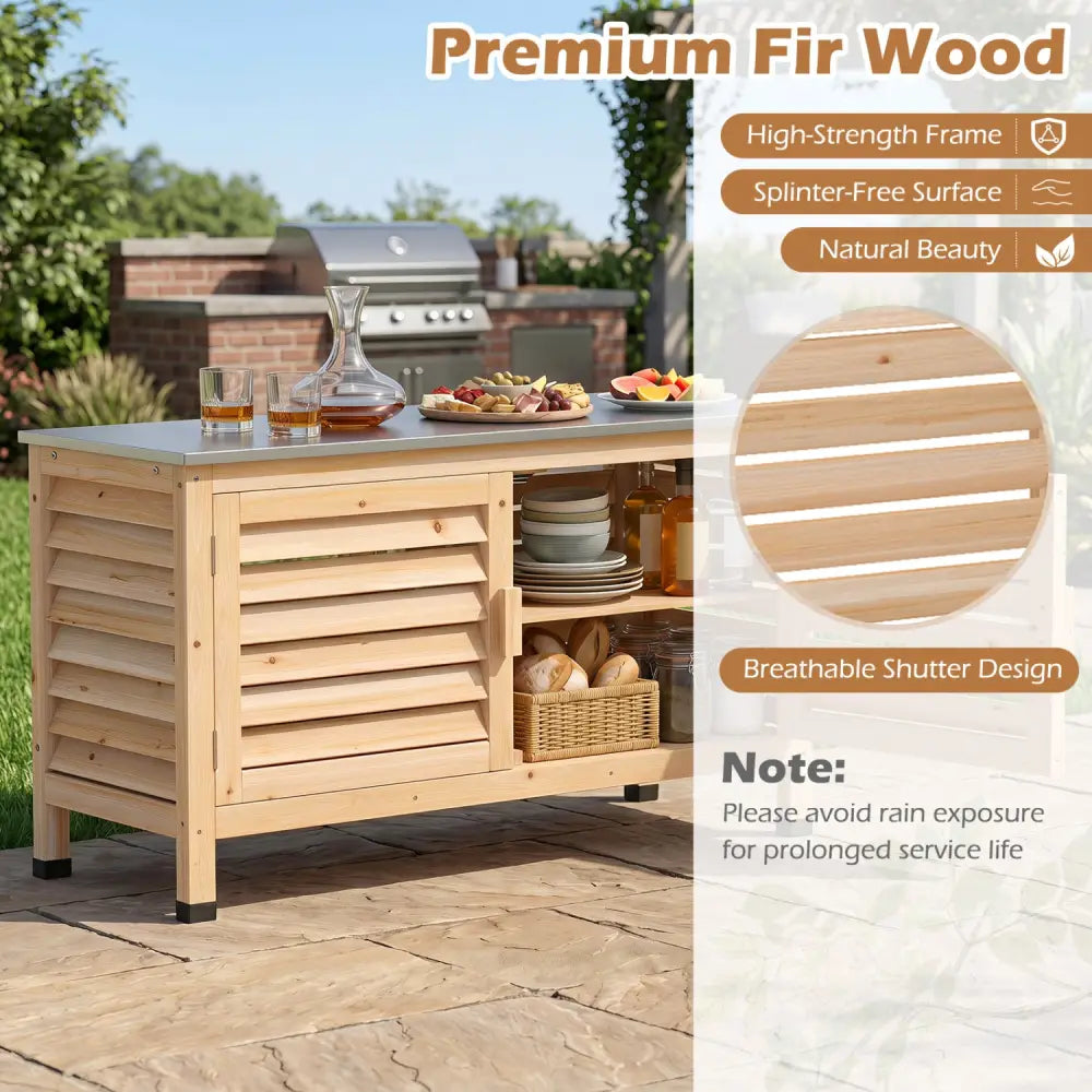 Patio Storage Cabinet with Stainless Steel Countertop and L-Shaped Shelf for Garden-Natural - Natural - Potting Benches