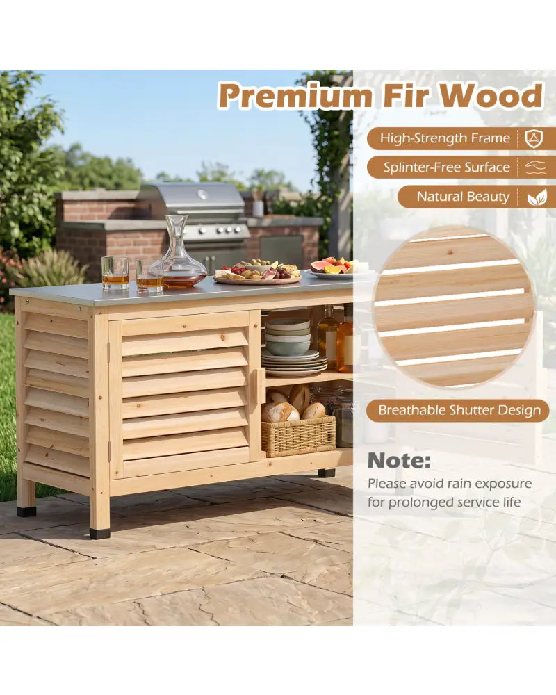 Patio Storage Cabinet with Stainless Steel Countertop and L-Shaped Shelf for Garden-Natural - Natural - Potting Benches