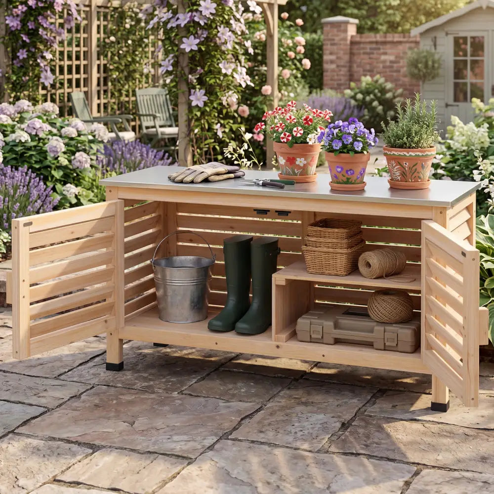Patio Storage Cabinet with Stainless Steel Countertop and L-Shaped Shelf for Garden-Natural - Natural - Potting Benches