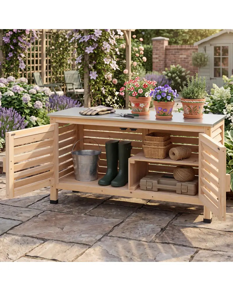Patio Storage Cabinet with Stainless Steel Countertop and L-Shaped Shelf for Garden-Natural - Natural - Potting Benches