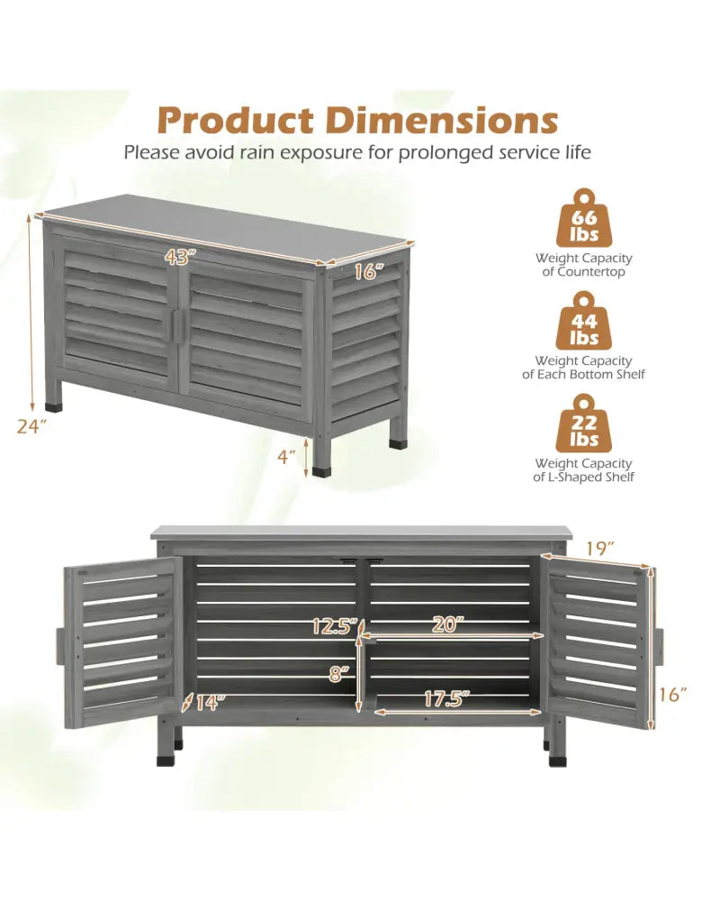 Patio Storage Cabinet with Stainless Steel Countertop and L-Shaped Shelf for Garden-Gray - Gray - Sheds & Outdoor
