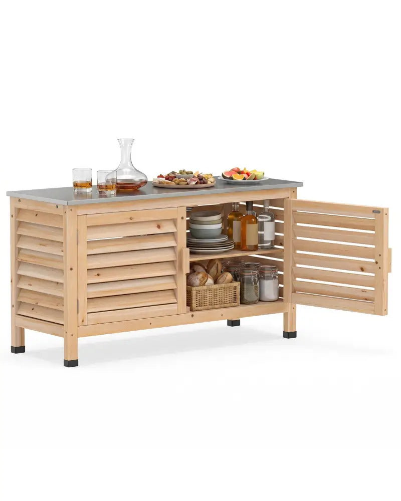 Patio Storage Cabinet with Stainless Steel Countertop and L-Shaped Shelf for Garden-Natural - Natural - Potting Benches