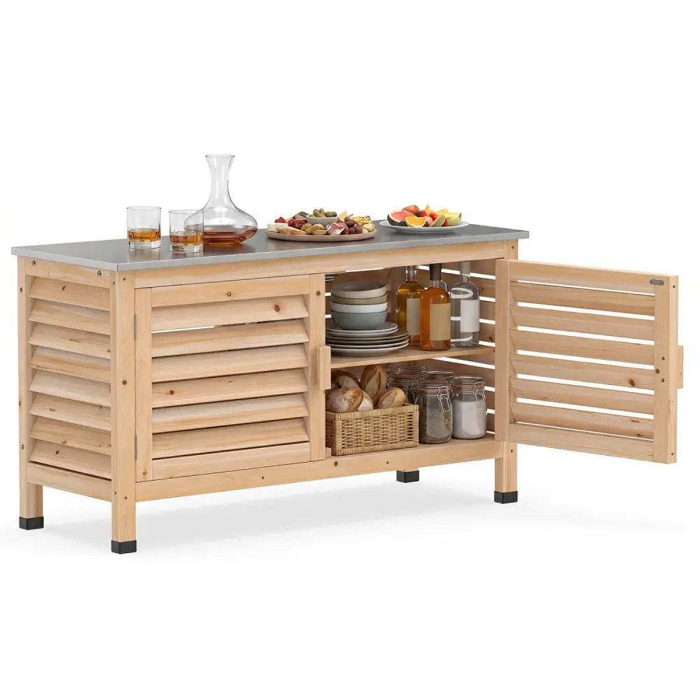 Patio Storage Cabinet with Stainless Steel Countertop and L-Shaped Shelf for Garden-Natural - Natural - Potting Benches