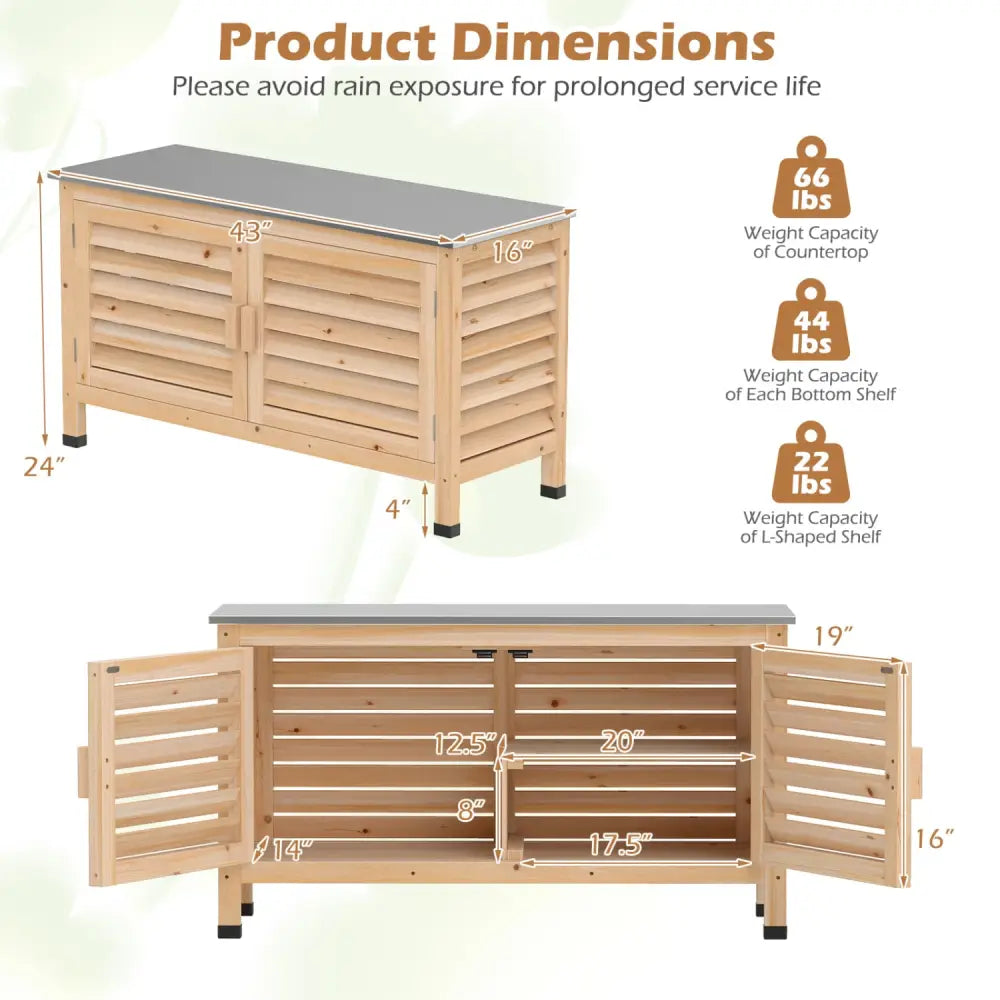 Patio Storage Cabinet with Stainless Steel Countertop and L-Shaped Shelf for Garden-Natural - Natural - Potting Benches