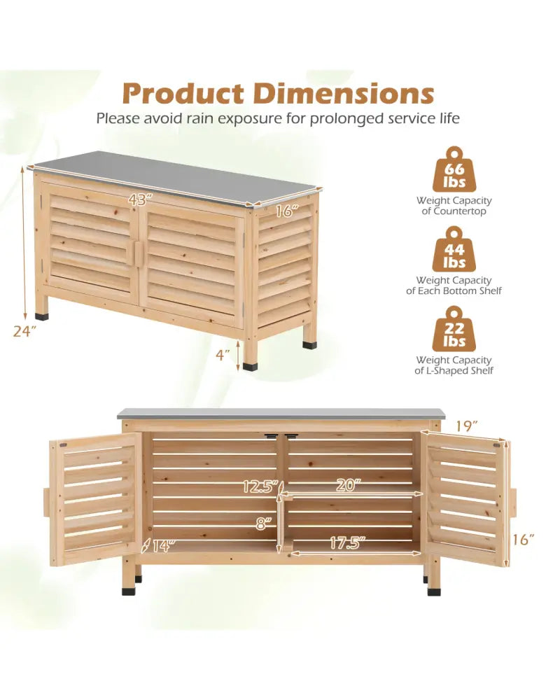 Patio Storage Cabinet with Stainless Steel Countertop and L-Shaped Shelf for Garden-Natural - Natural - Potting Benches