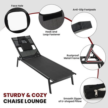 Patio Sunbathing Lounge Chair 5-Position Adjustable Tanning Chair-Black - Black - Outdoor Chaise Lounges