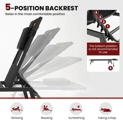 Patio Sunbathing Lounge Chair 5-Position Adjustable Tanning Chair-Black - Black - Outdoor Chaise Lounges