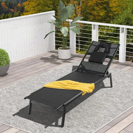 Patio Sunbathing Lounge Chair 5-Position Adjustable Tanning Chair-Black - Black - Outdoor Chaise Lounges