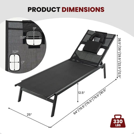 Patio Sunbathing Lounge Chair 5-Position Adjustable Tanning Chair-Black - Black - Outdoor Chaise Lounges