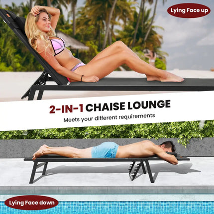 Patio Sunbathing Lounge Chair 5-Position Adjustable Tanning Chair-Black - Black - Outdoor Chaise Lounges