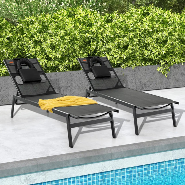 Patio Sunbathing Lounge Chair 5-Position Adjustable Tanning Chair-Black - Black - Outdoor Chaise Lounges