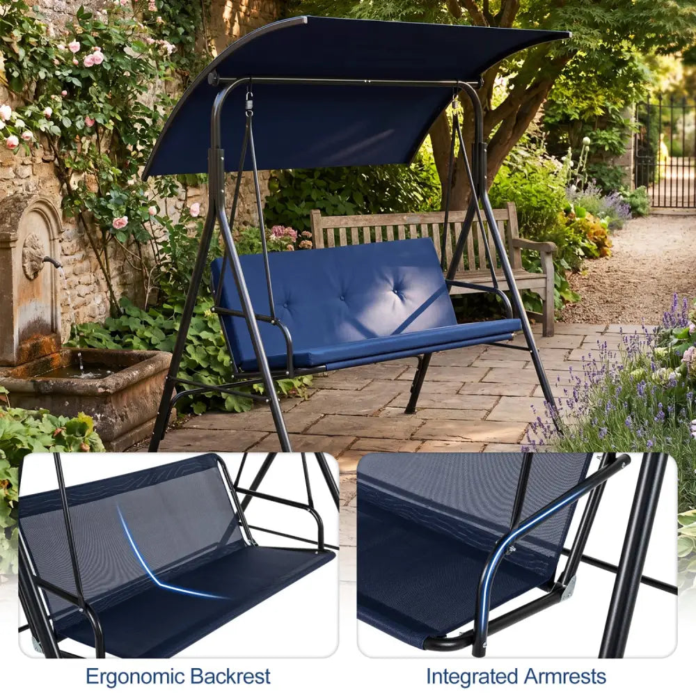 Patio Swing Chair with Adjustable Canopy & Removable Cushion and Metal Stand-Navy - Navy - Porch Swings