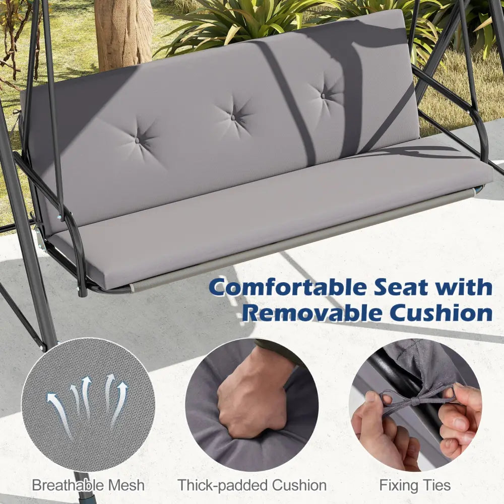 Patio Swing Chair with Adjustable Canopy & Removable Cushion and Metal Stand-Gray - Gray - Porch Swings