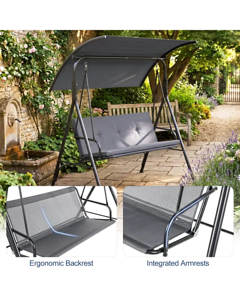 Patio Swing Chair with Adjustable Canopy & Removable Cushion and Metal Stand-Gray - Gray - Porch Swings